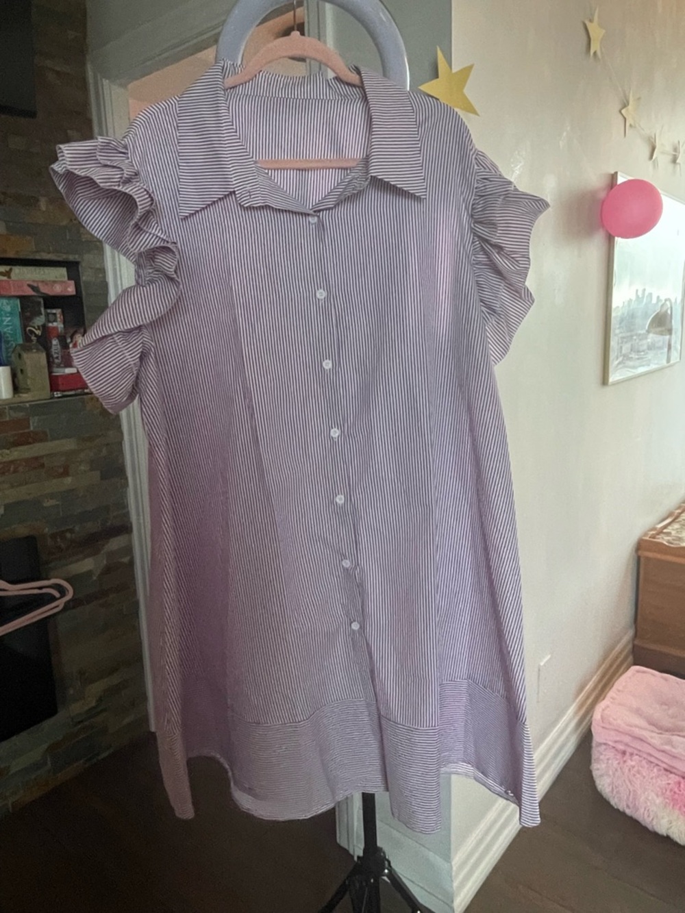 Striped Ruffle Sleeve Button-Up Dress - Purple & White